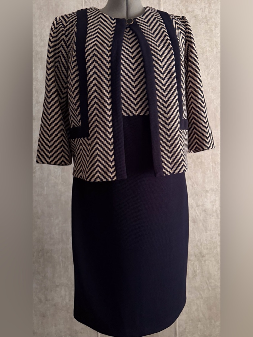 Danny & Nicole 2pc Navy & Tan Zigzag Open Jacket Sleeveless Dress Set Suit Sz 14